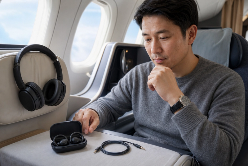 Noise-cancelling headphones and open-ear earbuds arranged beside a long-haul boarding pass