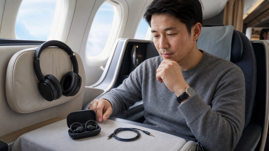 Noise-cancelling headphones and open-ear earbuds arranged beside a long-haul boarding pass