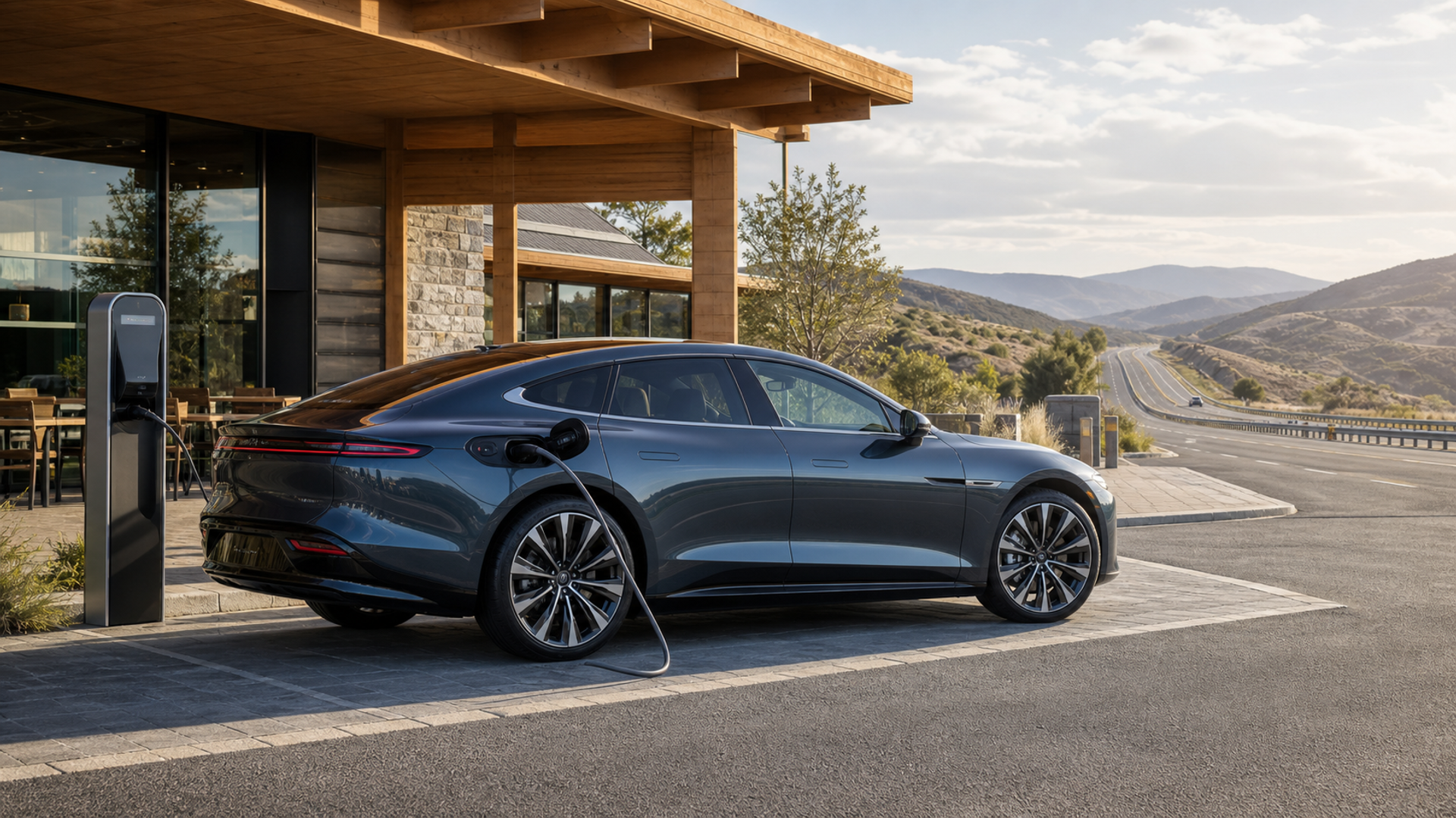 Unbranded electric grand tourer charging at a daylight highway stop