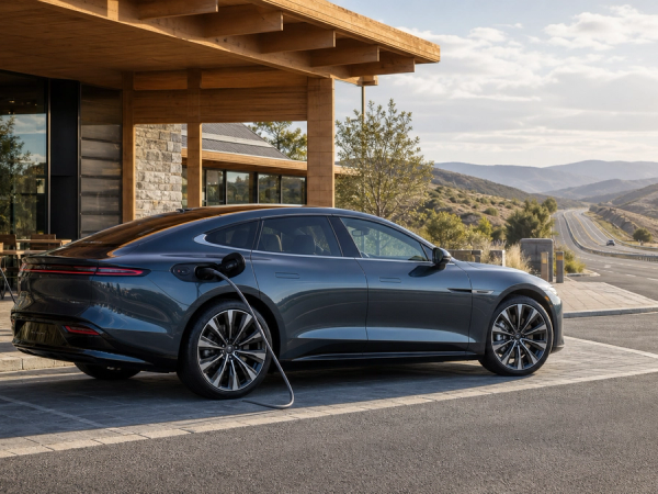 Unbranded electric grand tourer charging at a daylight highway stop