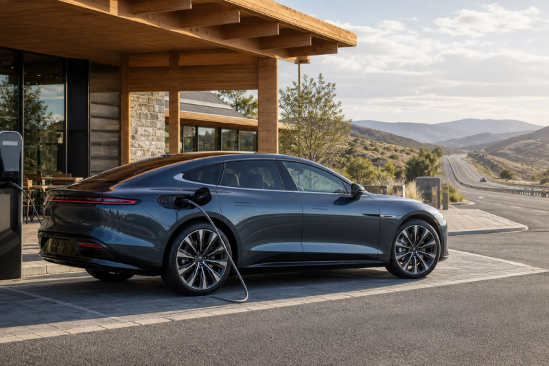 Unbranded electric grand tourer charging at a daylight highway stop