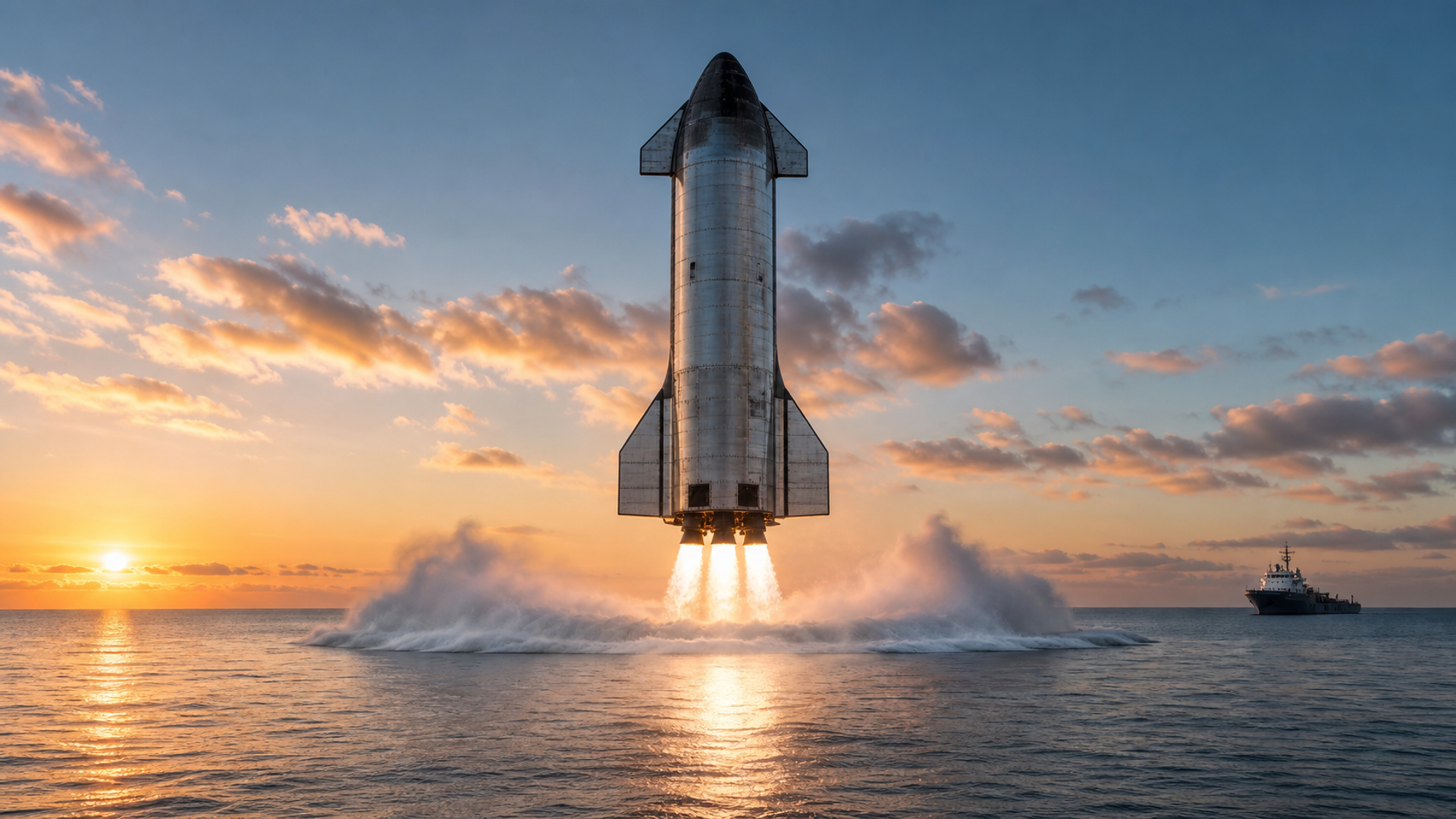 A next-generation heavy launch vehicle descending towards a calm ocean splashdown beneath a dramatic dawn sky
