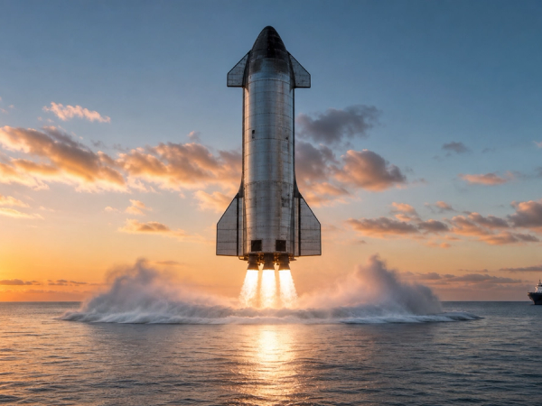A next-generation heavy launch vehicle descending towards a calm ocean splashdown beneath a dramatic dawn sky