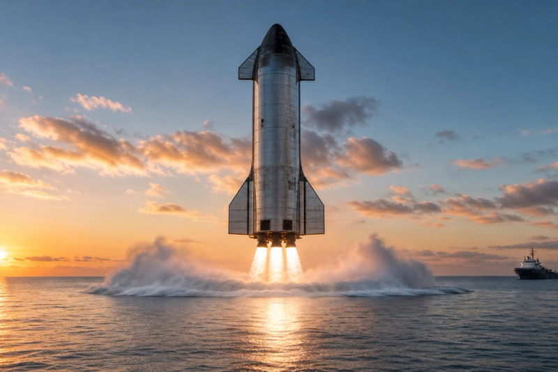 A next-generation heavy launch vehicle descending towards a calm ocean splashdown beneath a dramatic dawn sky