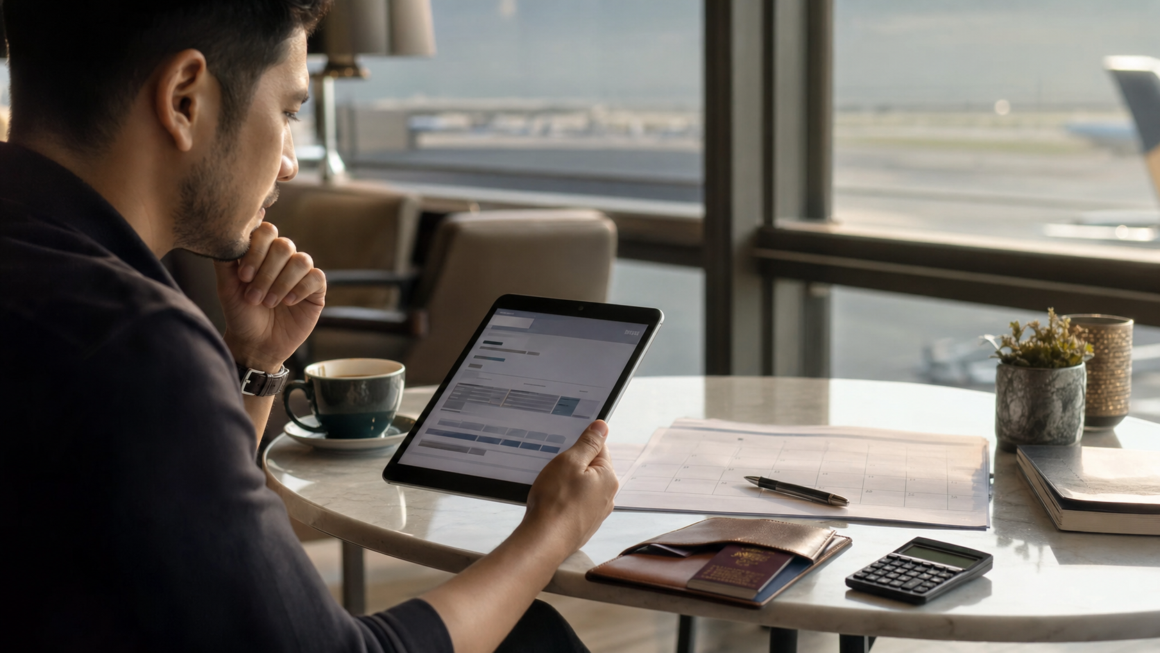 A traveller comparing an airline mileage redemption on a tablet with a passport and calendar