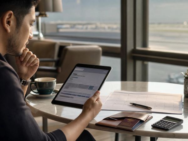 A traveller comparing an airline mileage redemption on a tablet with a passport and calendar
