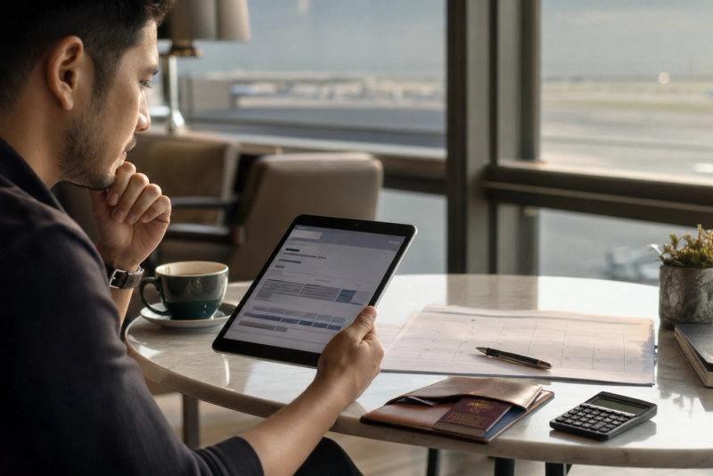 A traveller comparing an airline mileage redemption on a tablet with a passport and calendar