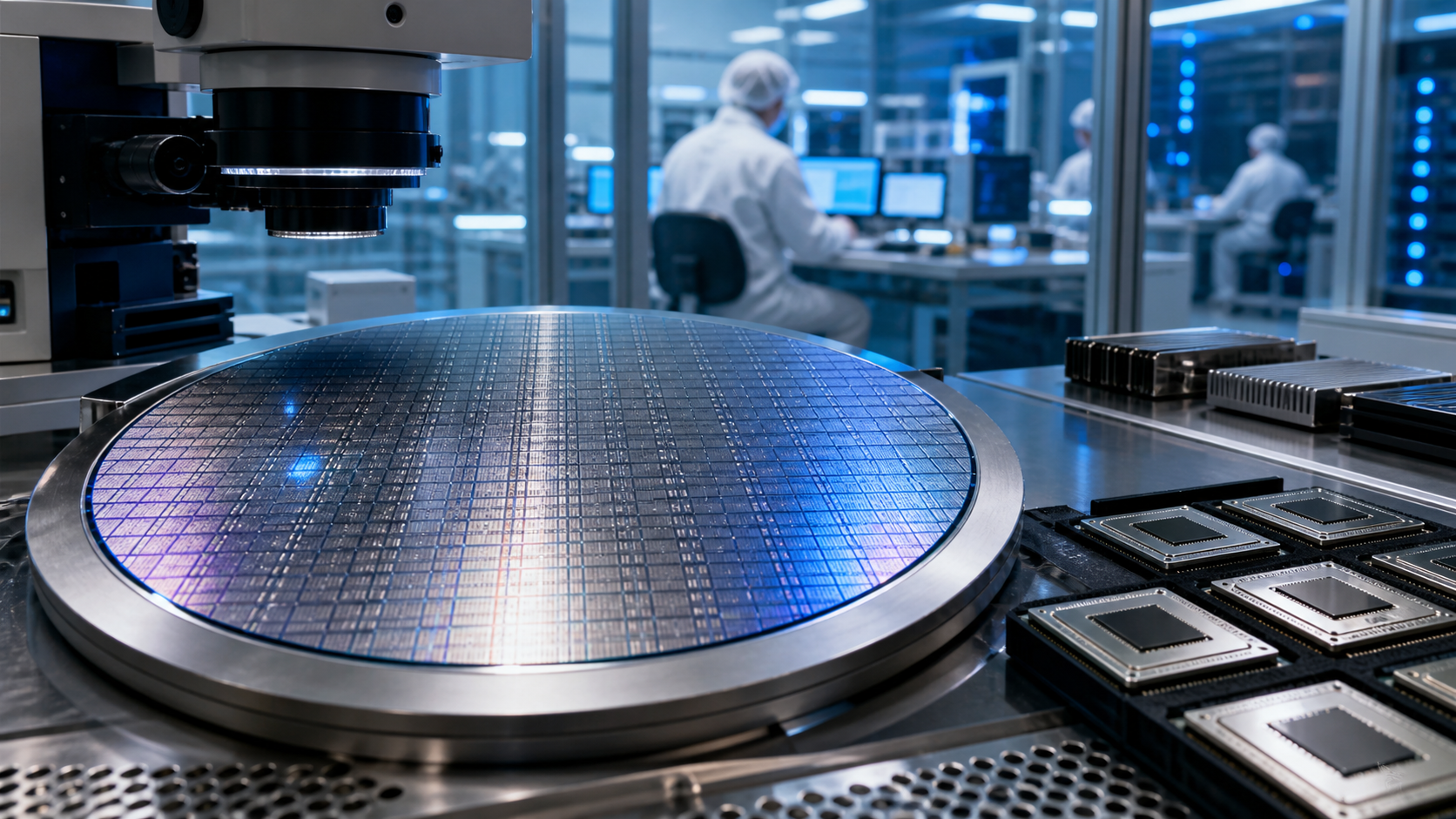 AI engineers reviewing a custom accelerator board and model performance dashboards