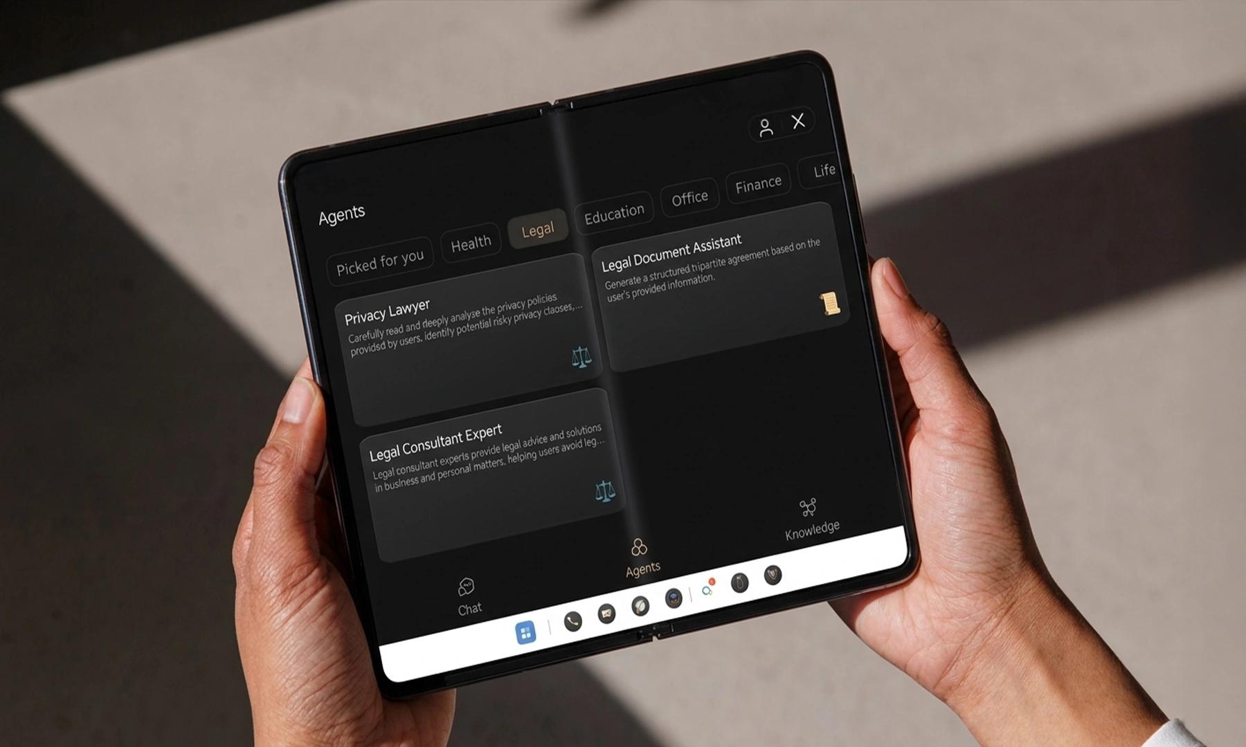 An elegant Android phone resting on a surface, highlighting its sophisticated design language.