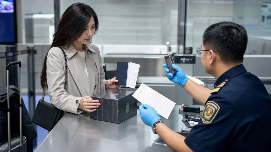 An international shopper presenting an unused luxury purchase, passport, receipt and tax-free form at an airport customs validation desk before departure