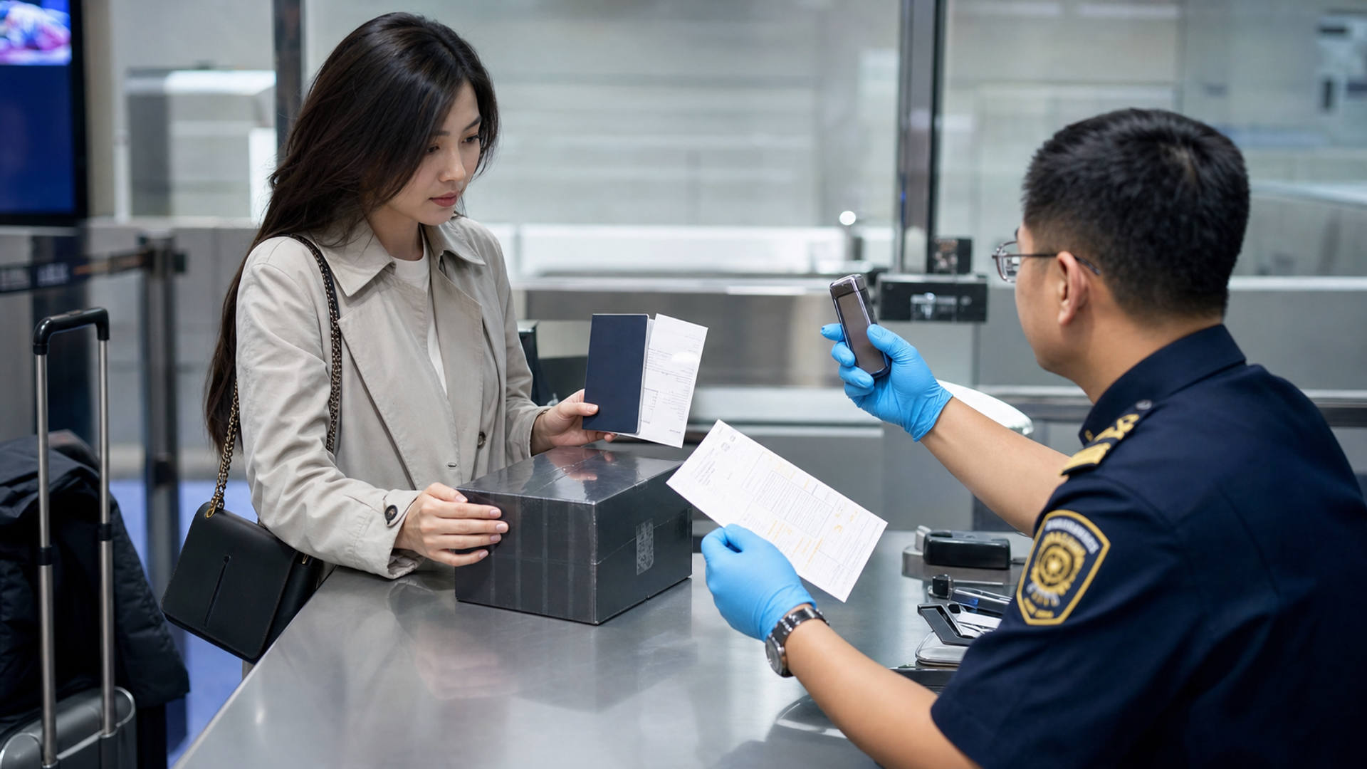 An international shopper presenting an unused luxury purchase, passport, receipt and tax-free form at an airport customs validation desk before departure