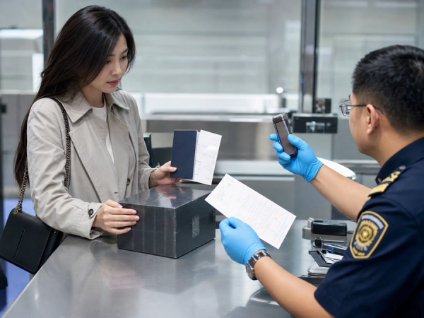 An international shopper presenting an unused luxury purchase, passport, receipt and tax-free form at an airport customs validation desk before departure