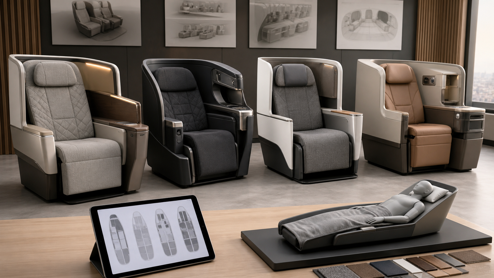 Four business-class seat geometries compared by aircraft, privacy and sleep position