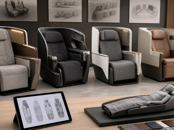 Four business-class seat geometries compared by aircraft, privacy and sleep position