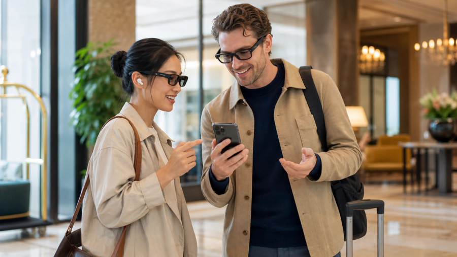 Two international travellers comparing translation through smart glasses, an earbud and a smartphone