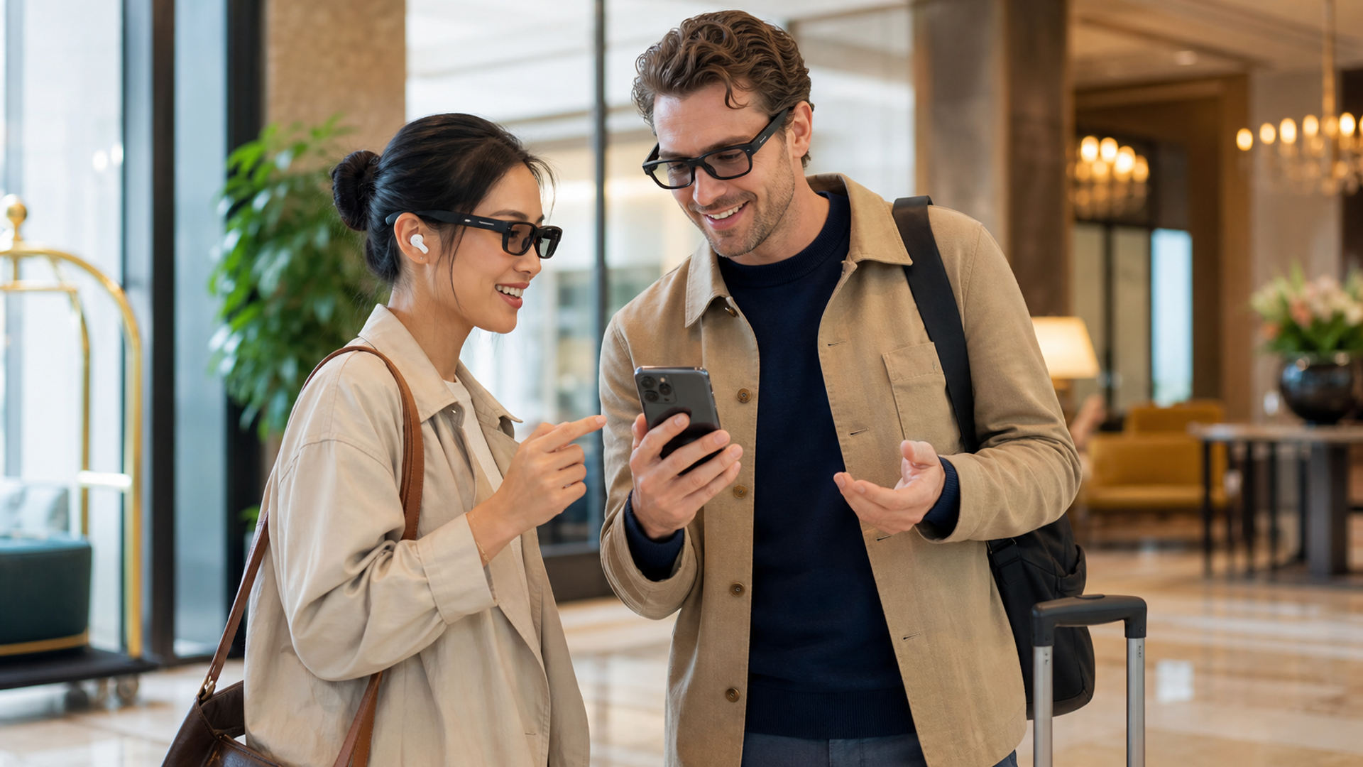 Two international travellers comparing translation through smart glasses, an earbud and a smartphone