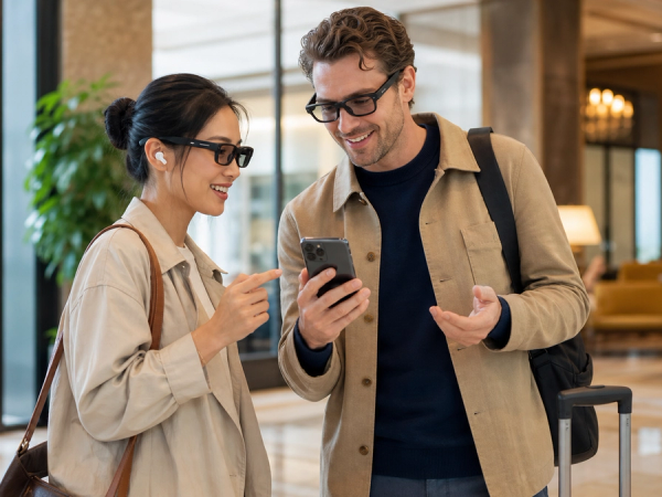 Two international travellers comparing translation through smart glasses, an earbud and a smartphone