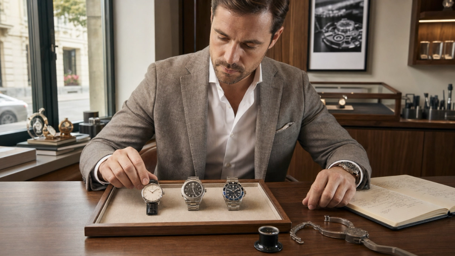 Buyer comparing dress sport and travel watches in a private salon