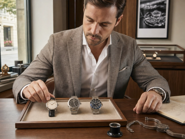 Buyer comparing dress sport and travel watches in a private salon