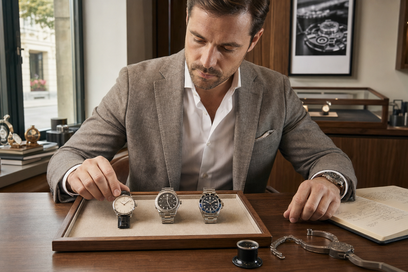 Buyer comparing dress sport and travel watches in a private salon