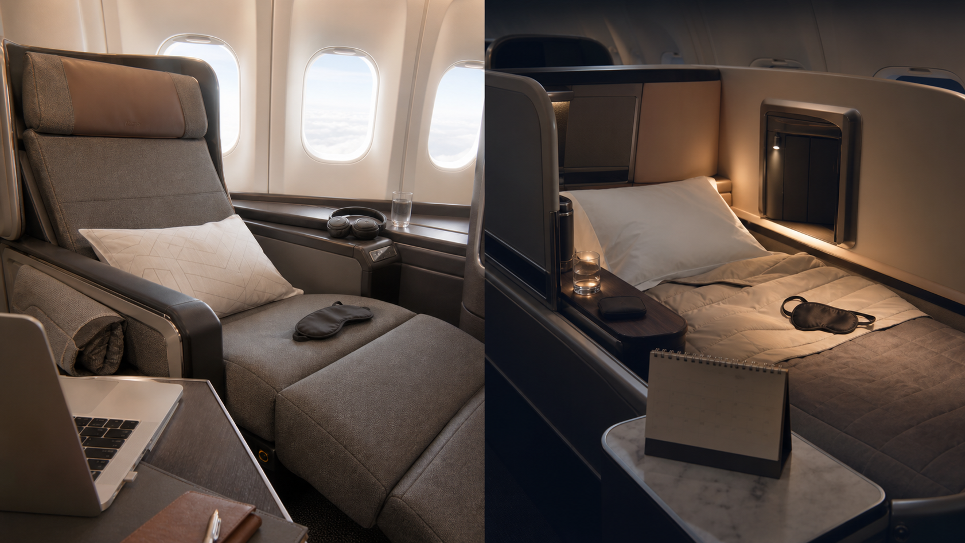 Premium-economy recliner and lie-flat business suite compared for a Delta long-haul journey