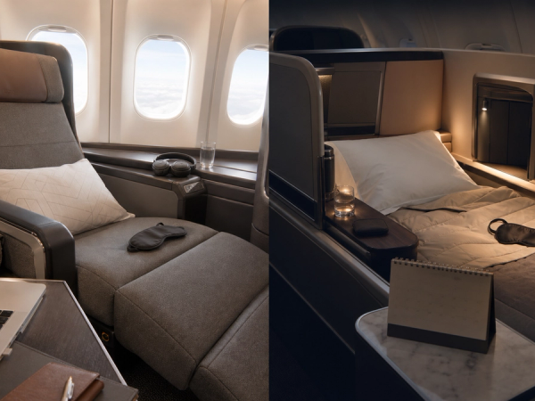Premium-economy recliner and lie-flat business suite compared for a Delta long-haul journey