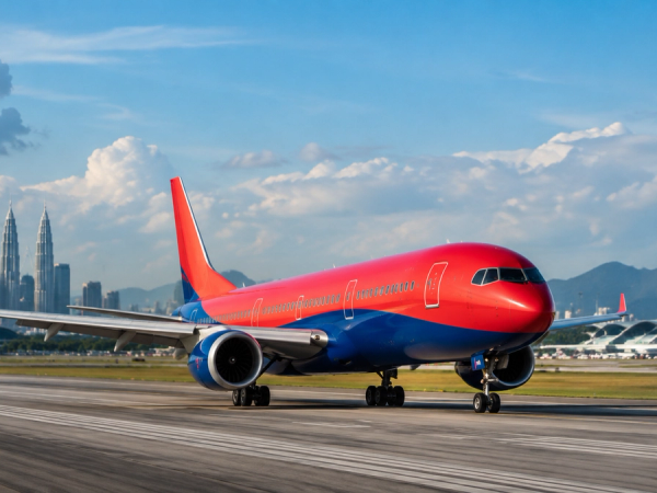 Airliner departs on a route linking Kuala Lumpur and Busan