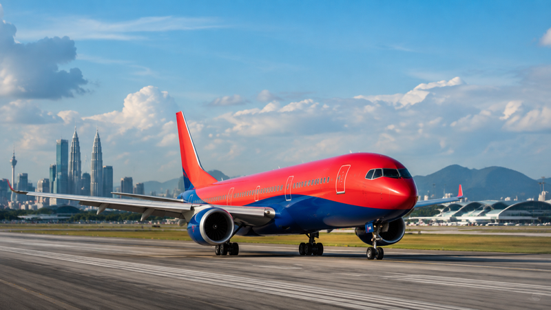 Airliner departs on a route linking Kuala Lumpur and Busan