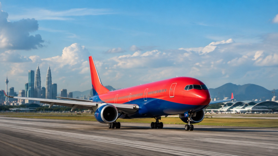 Airliner departs on a route linking Kuala Lumpur and Busan