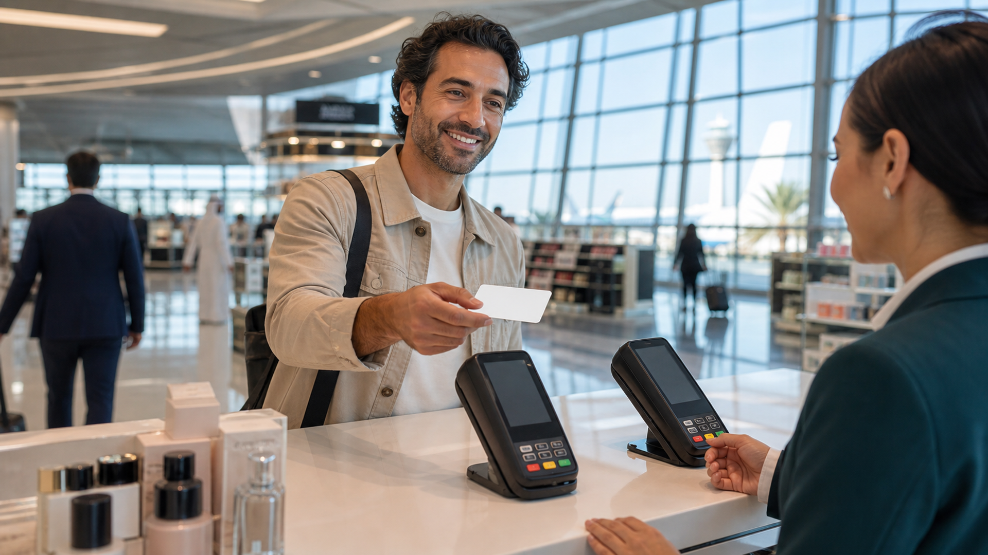A traveller using a modern payment card at a UAE airport with domestic and international payment routes shown discreetly