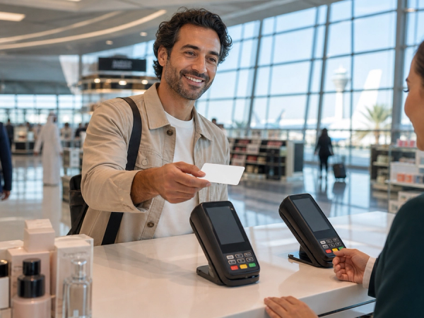 A traveller using a modern payment card at a UAE airport with domestic and international payment routes shown discreetly