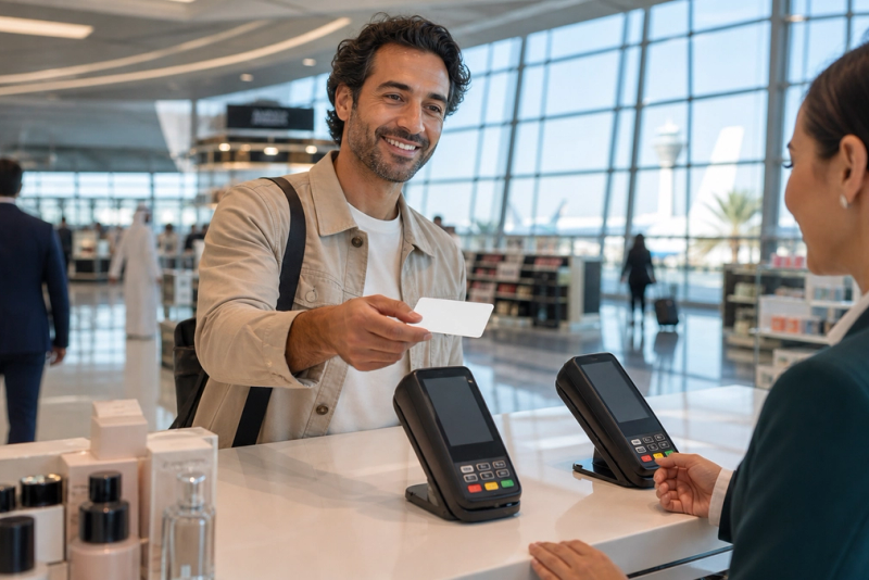 A traveller using a modern payment card at a UAE airport with domestic and international payment routes shown discreetly