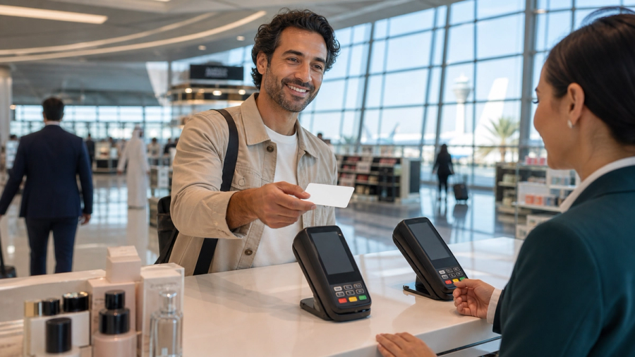 A traveller using a modern payment card at a UAE airport with domestic and international payment routes shown discreetly