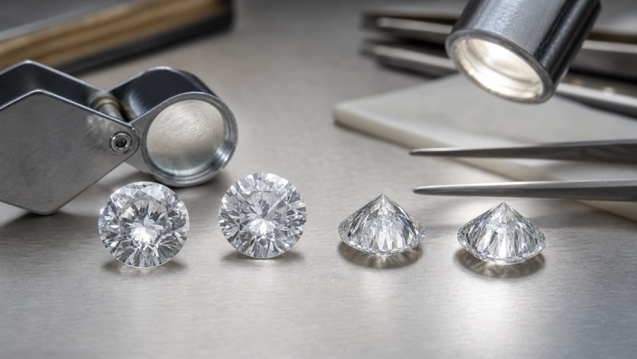 VVS and VS diamonds inspected face-up and under a jeweller's loupe