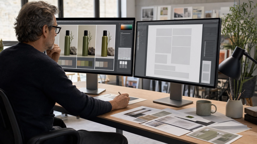 A creative director comparing two polished AI image workflows on large studio monitors with product, editorial and typography samples