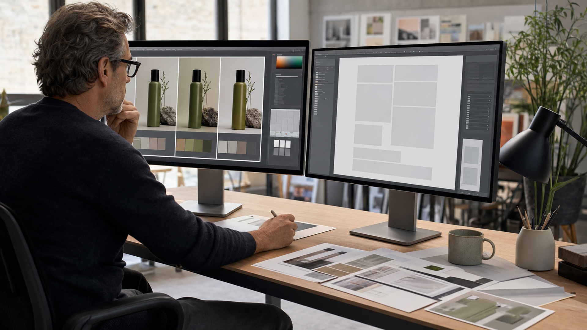 A creative director comparing two polished AI image workflows on large studio monitors with product, editorial and typography samples