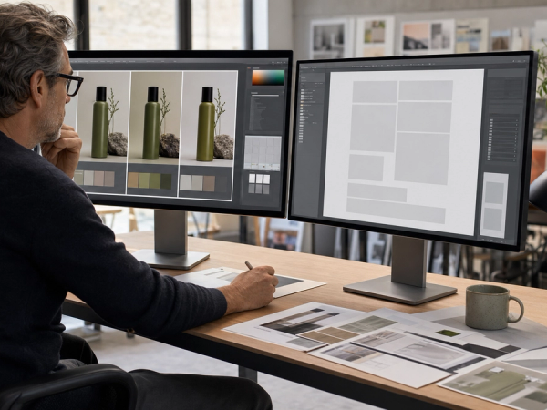 A creative director comparing two polished AI image workflows on large studio monitors with product, editorial and typography samples