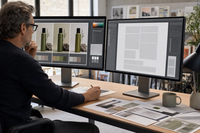 A creative director comparing two polished AI image workflows on large studio monitors with product, editorial and typography samples