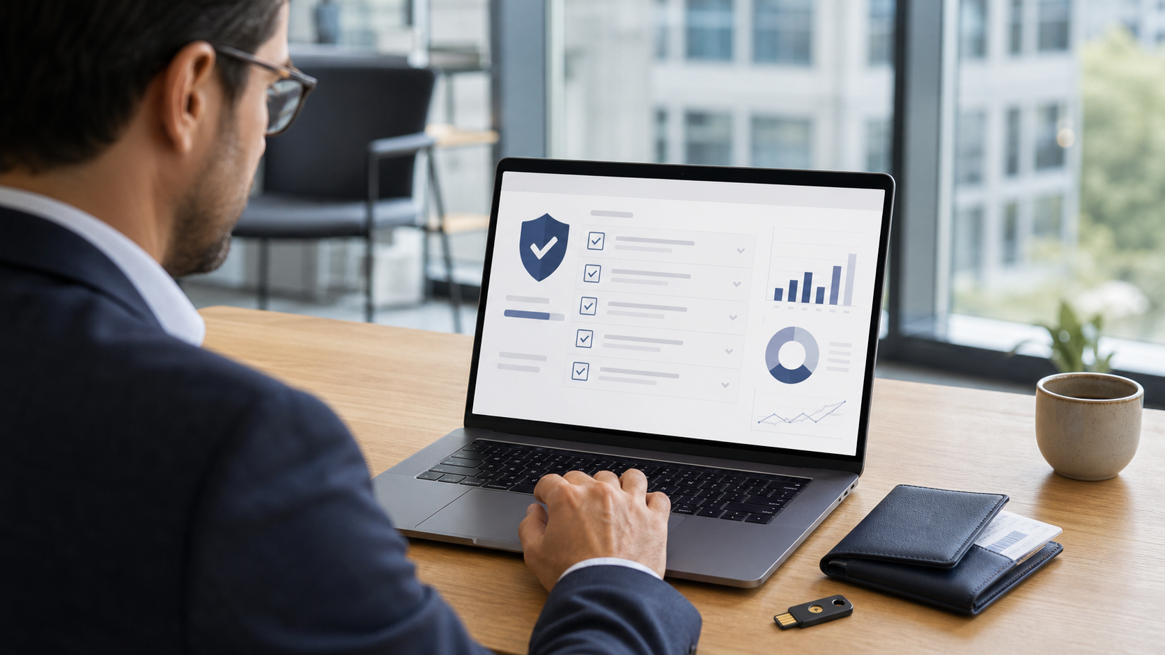 An enterprise administrator reviewing a model-provider control panel on a laptop with a permission map and dated change-control checklist, no company logos or readable data