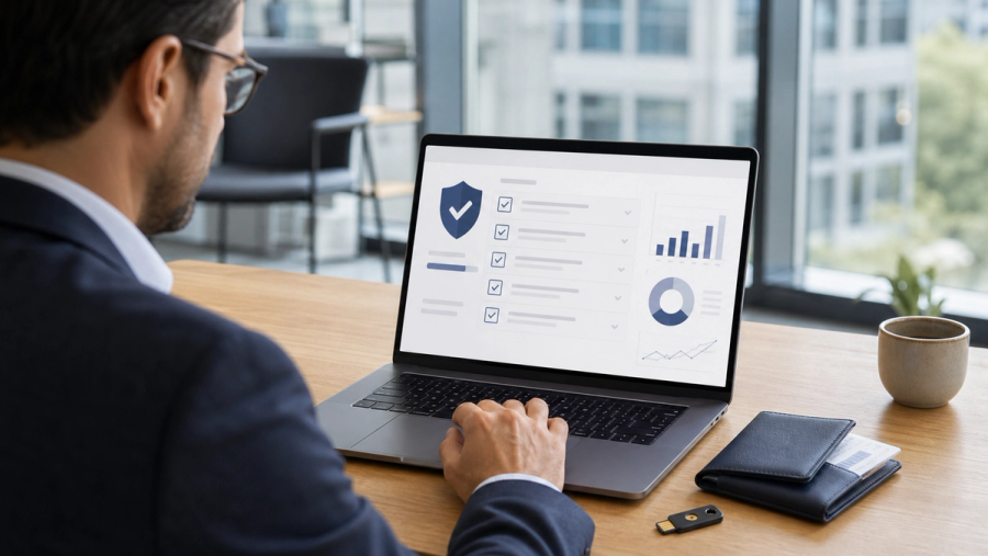 An enterprise administrator reviewing a model-provider control panel on a laptop with a permission map and dated change-control checklist, no company logos or readable data