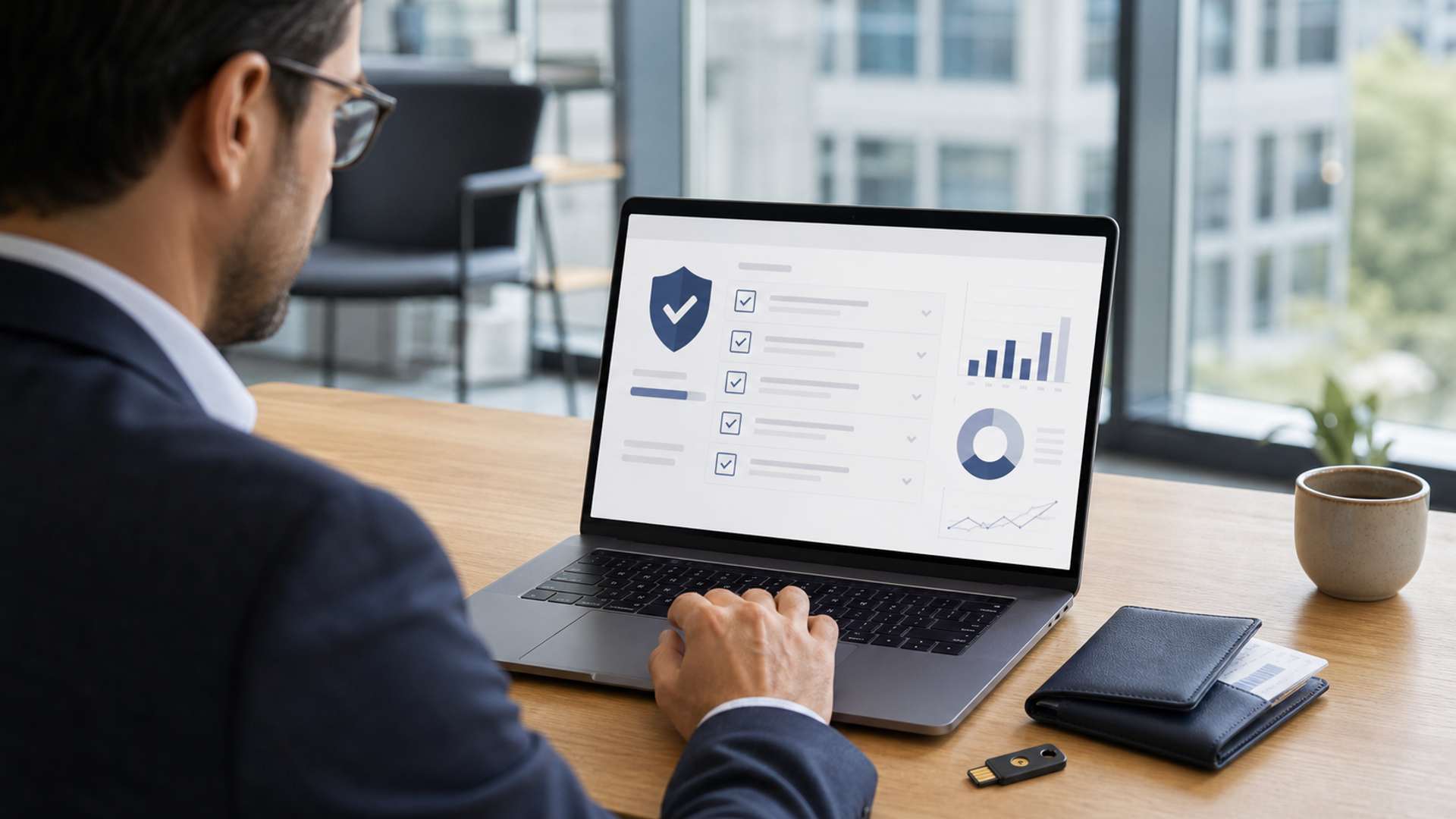 An enterprise administrator reviewing a model-provider control panel on a laptop with a permission map and dated change-control checklist, no company logos or readable data