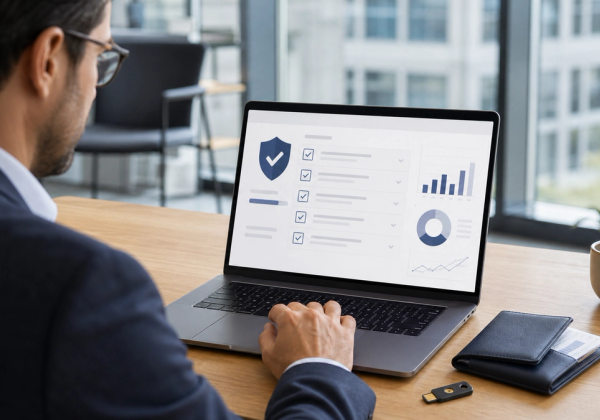 An enterprise administrator reviewing a model-provider control panel on a laptop with a permission map and dated change-control checklist, no company logos or readable data