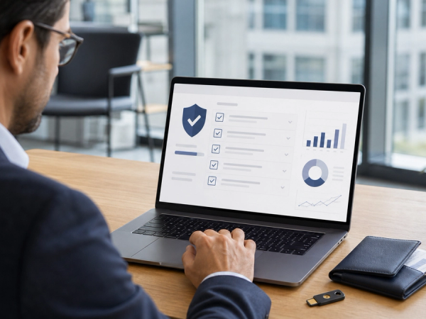 An enterprise administrator reviewing a model-provider control panel on a laptop with a permission map and dated change-control checklist, no company logos or readable data