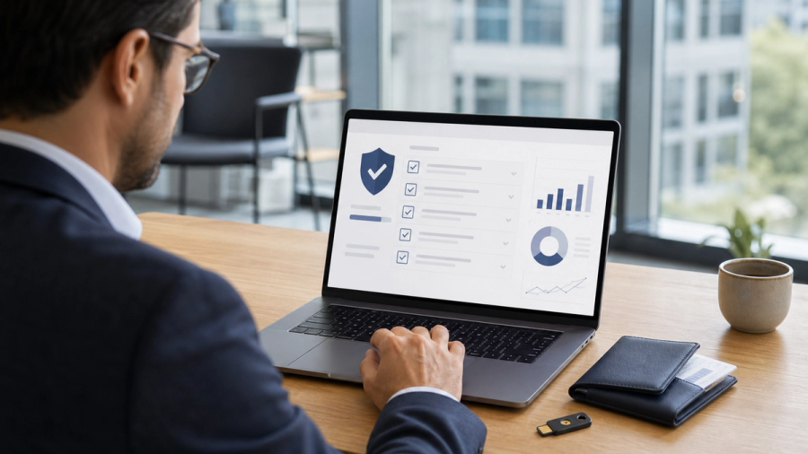 An enterprise administrator reviewing a model-provider control panel on a laptop with a permission map and dated change-control checklist, no company logos or readable data