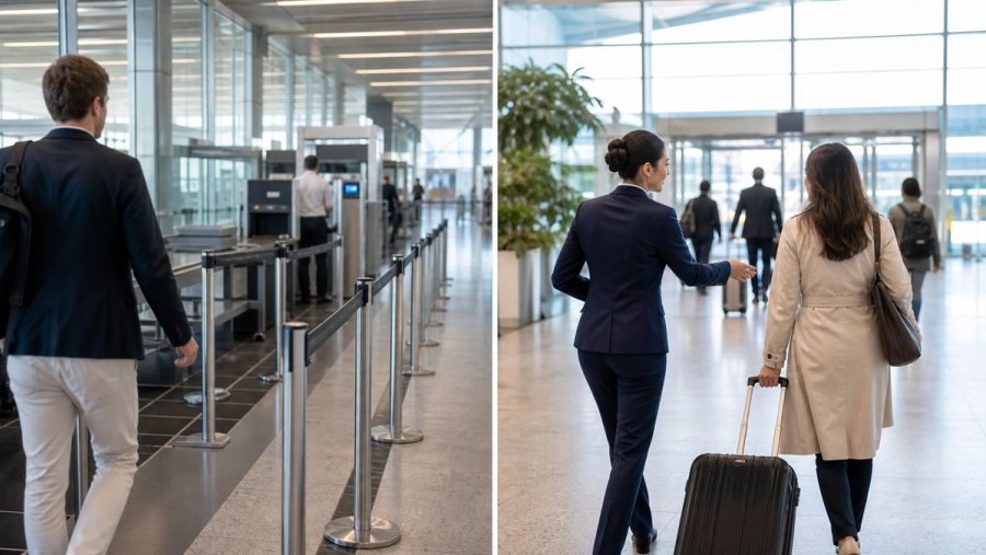 An airport fast-track lane compared with a human meet-and-greet escort