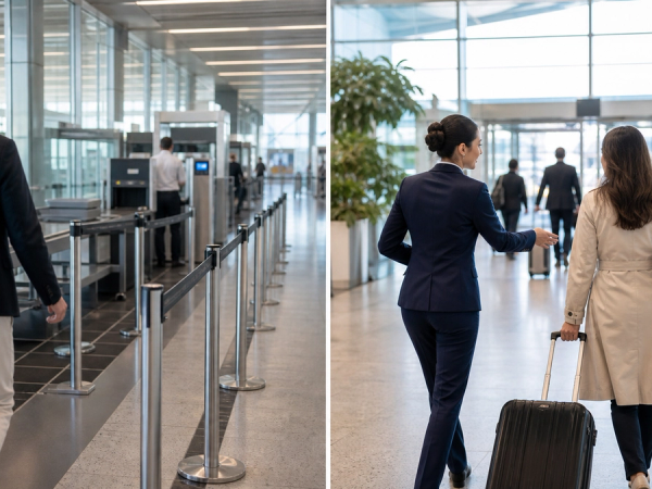An airport fast-track lane compared with a human meet-and-greet escort