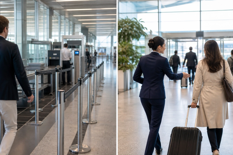 An airport fast-track lane compared with a human meet-and-greet escort