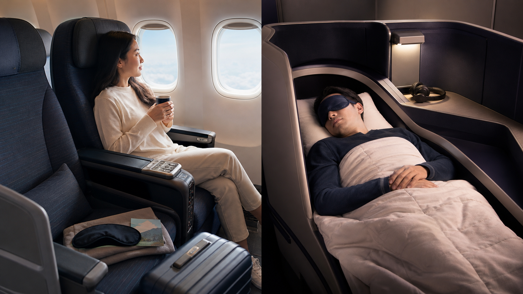 Japan-bound premium economy recliner and lie-flat business suite compared for sleep and value