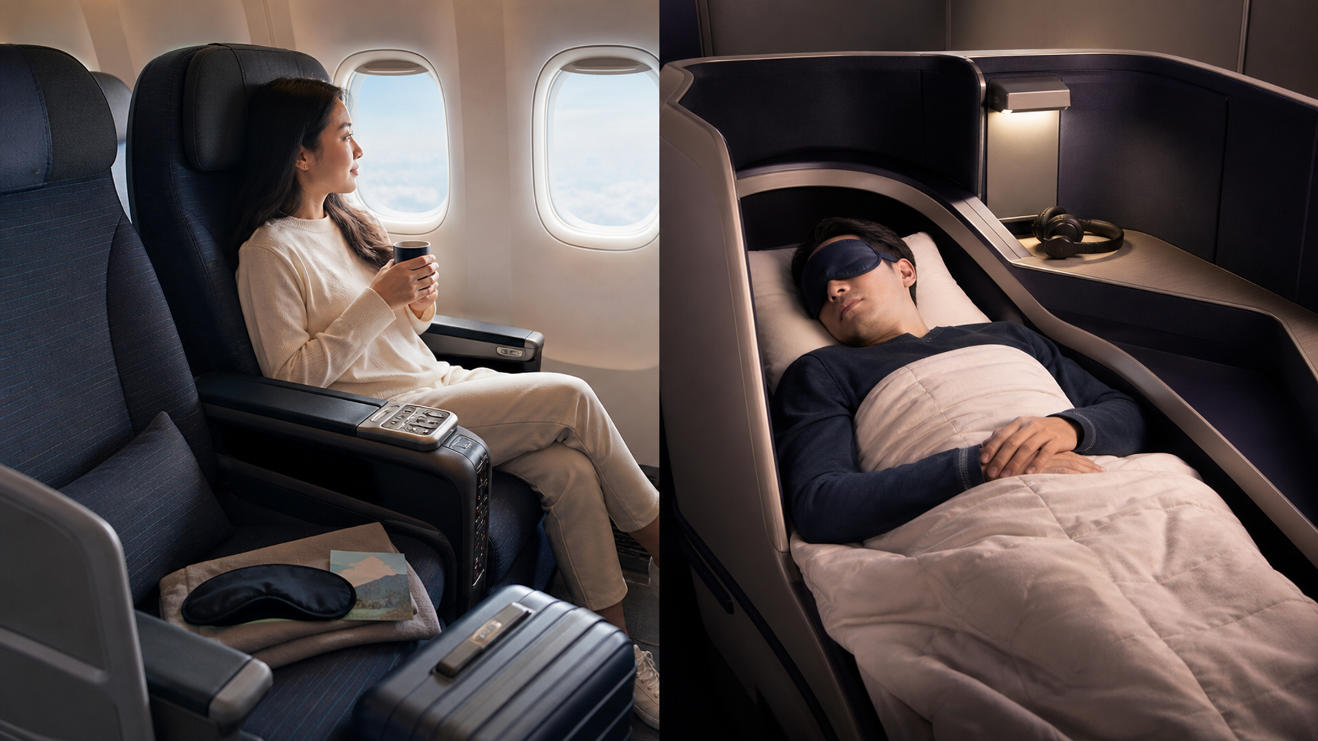 Japan-bound premium economy recliner and lie-flat business suite compared for sleep and value