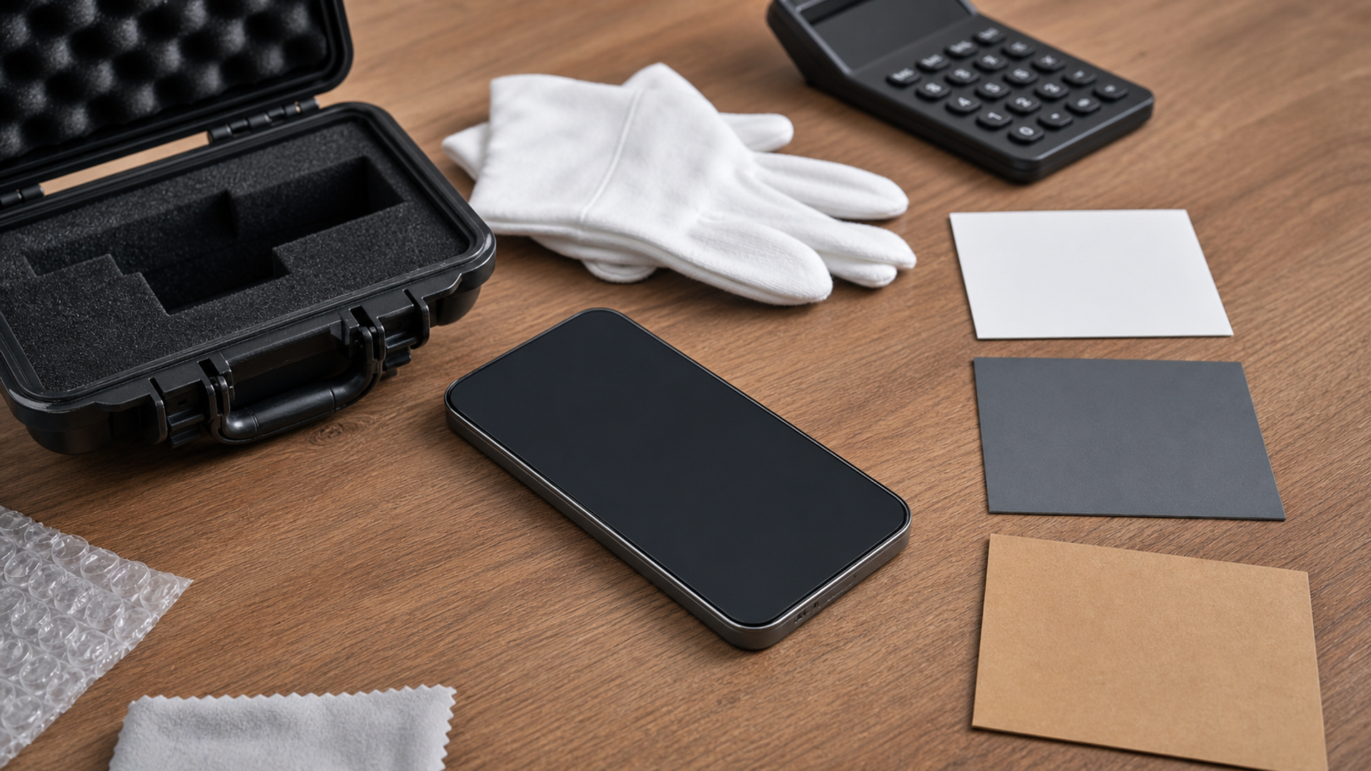 A premium unbranded phone photographed for resale beside three labelled but unreadable route cards, calculator, inspection gloves and shipping case, no logos